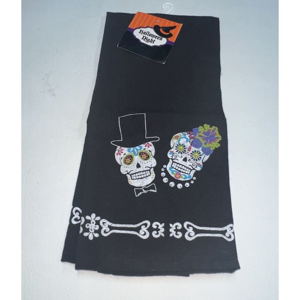 Halloween Kitchen Towel Day Of Dead Skulls Black White Cotton